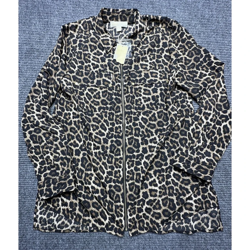 Michael Michael Kors‎ Jacket Womens Medium Dark Camel Leopard Zip Front Utility